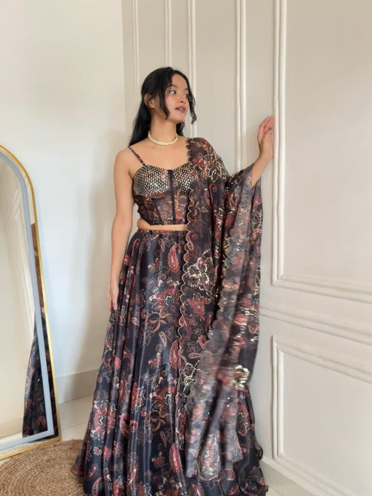 SCNX-1182 Jimmy Organza Corset Lehenga Set – Digital Print with Embroidery Sequin Work & Padded Blouse | House of ShiVisha™