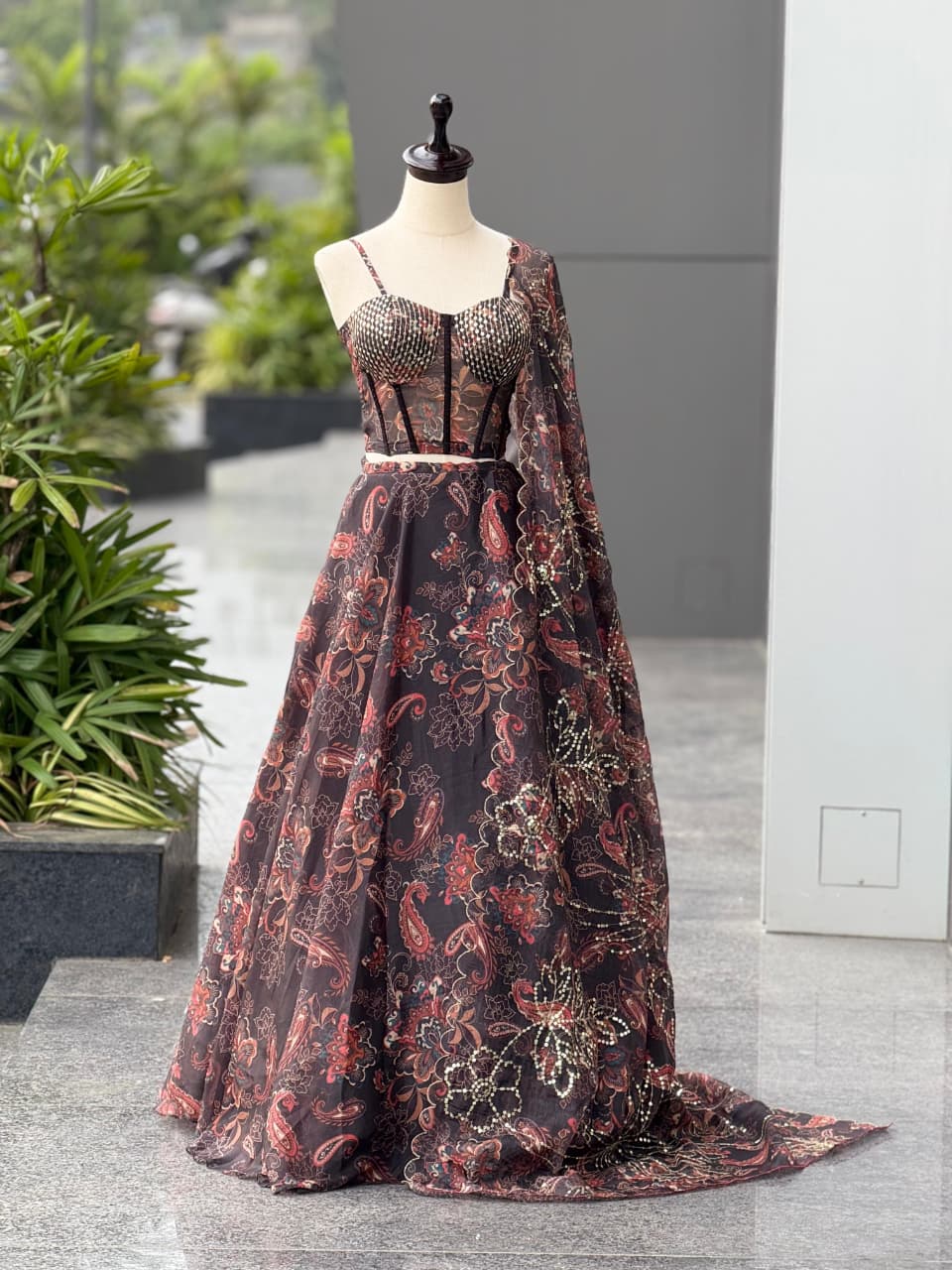 SCNX-1182 Jimmy Organza Corset Lehenga Set – Digital Print with Embroidery Sequin Work & Padded Blouse | House of ShiVisha™