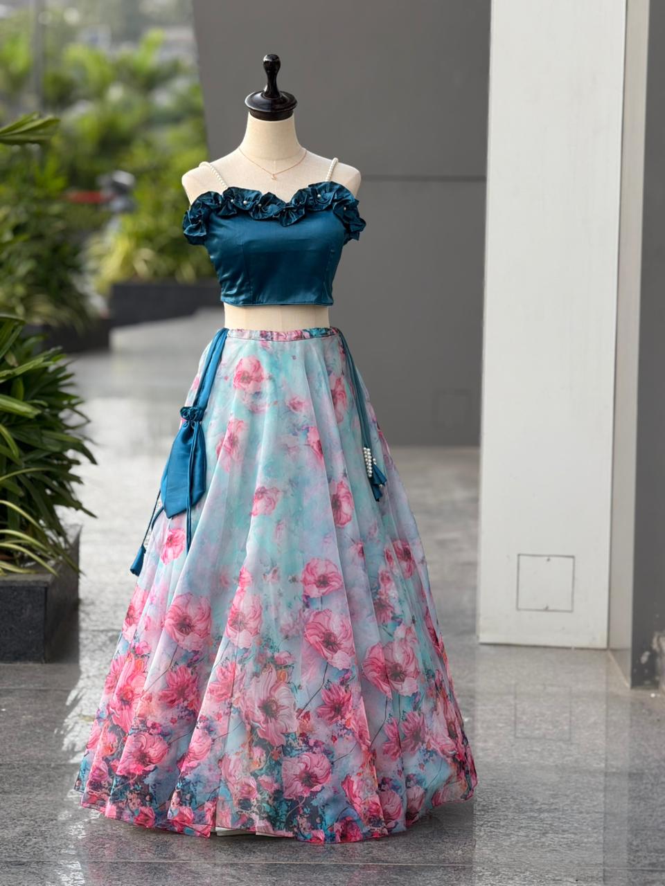 SCNX-1183 Japan Satin & Organza Silk Lehenga Set – Digital Print with Pearl Moti Blouse & 8m Flair | House of ShiVisha™