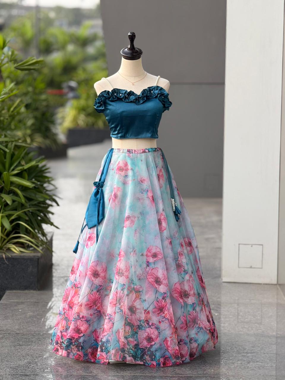 SCNX-1183 Japan Satin & Organza Silk Lehenga Set – Digital Print with Pearl Moti Blouse & 8m Flair | House of ShiVisha™