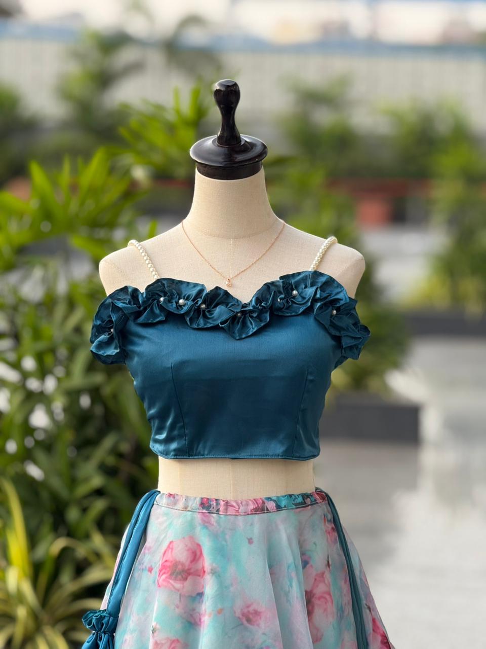 SCNX-1183 Japan Satin & Organza Silk Lehenga Set – Digital Print with Pearl Moti Blouse & 8m Flair | House of ShiVisha™
