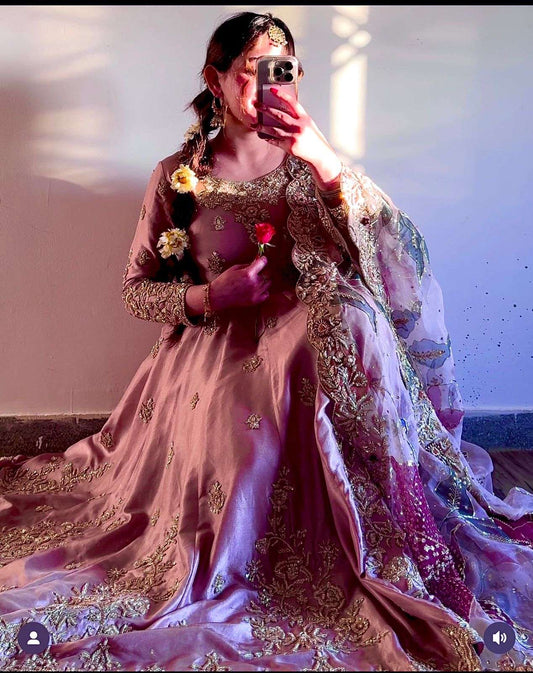 HOS FD-144 Satin Silk Gown Set with Plazzo & Embroidered Dupatta - House Of ShiVisha