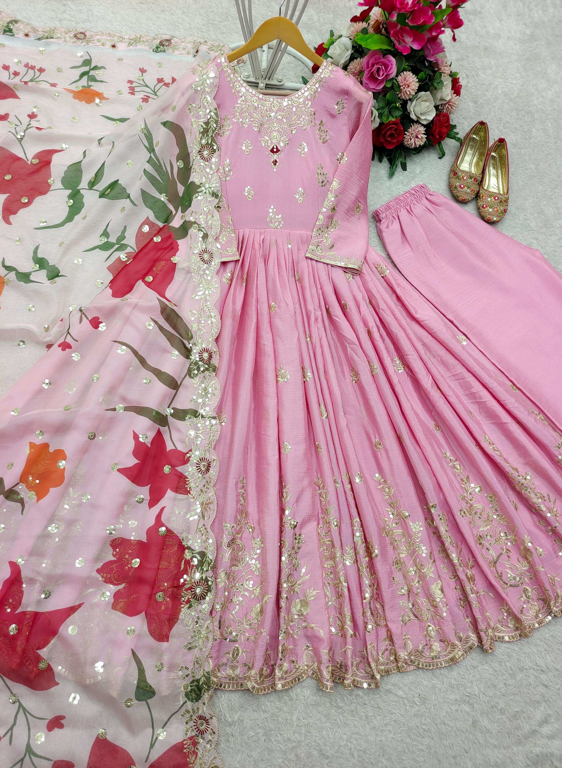 HOS FD-144 Satin Silk Gown Set with Plazzo & Embroidered Dupatta - House Of ShiVisha