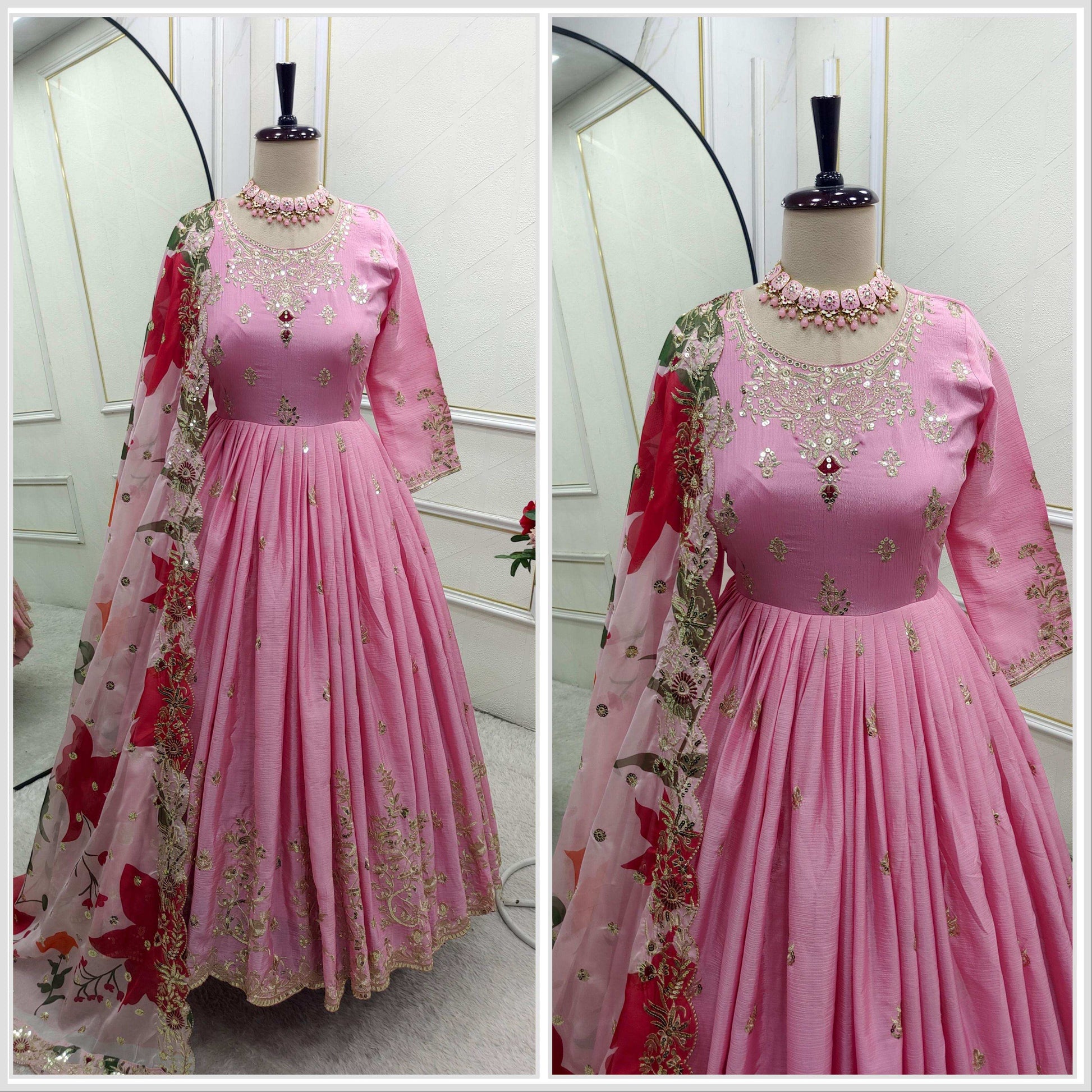 HOS FD-144 Satin Silk Gown Set with Plazzo & Embroidered Dupatta - House Of ShiVisha