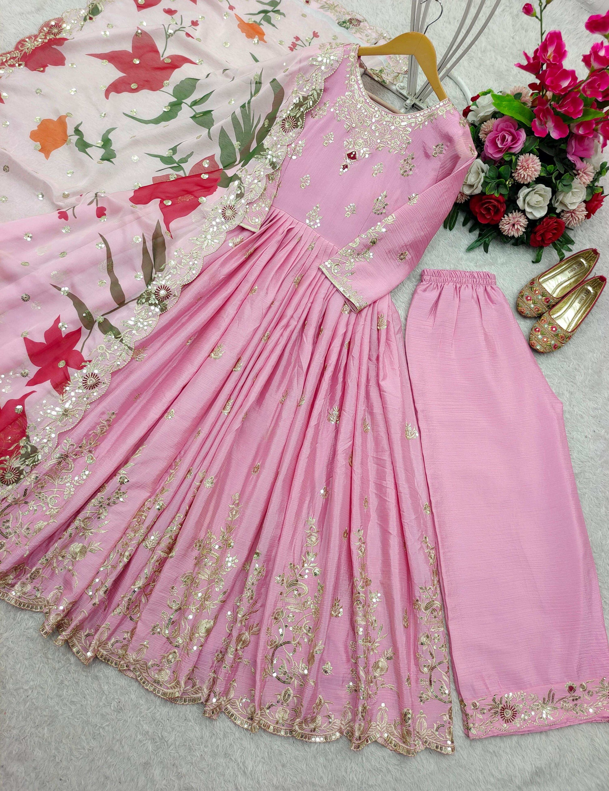 HOS FD-144 Satin Silk Gown Set with Plazzo & Embroidered Dupatta - House Of ShiVisha