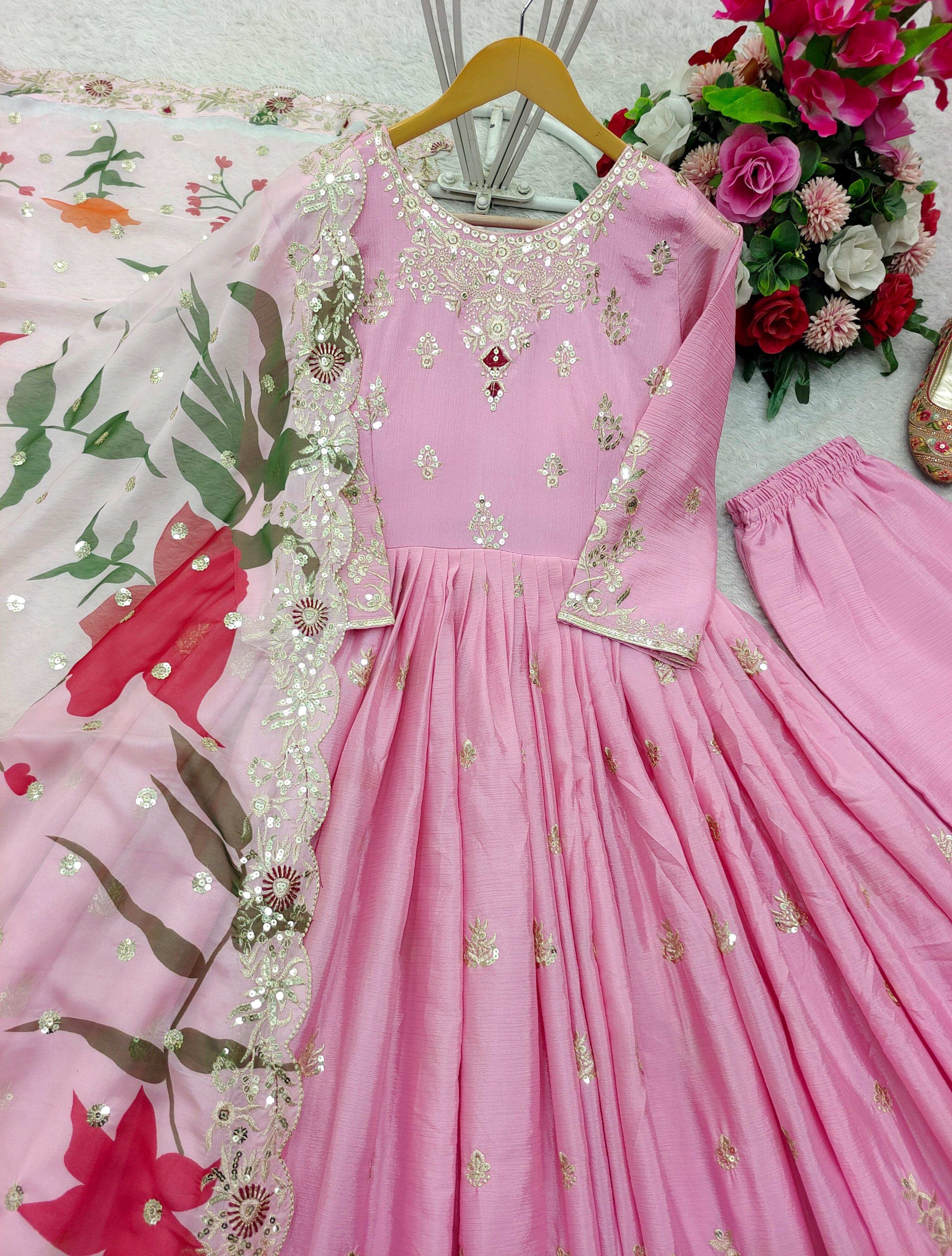 HOS FD-144 Satin Silk Gown Set with Plazzo & Embroidered Dupatta - House Of ShiVisha