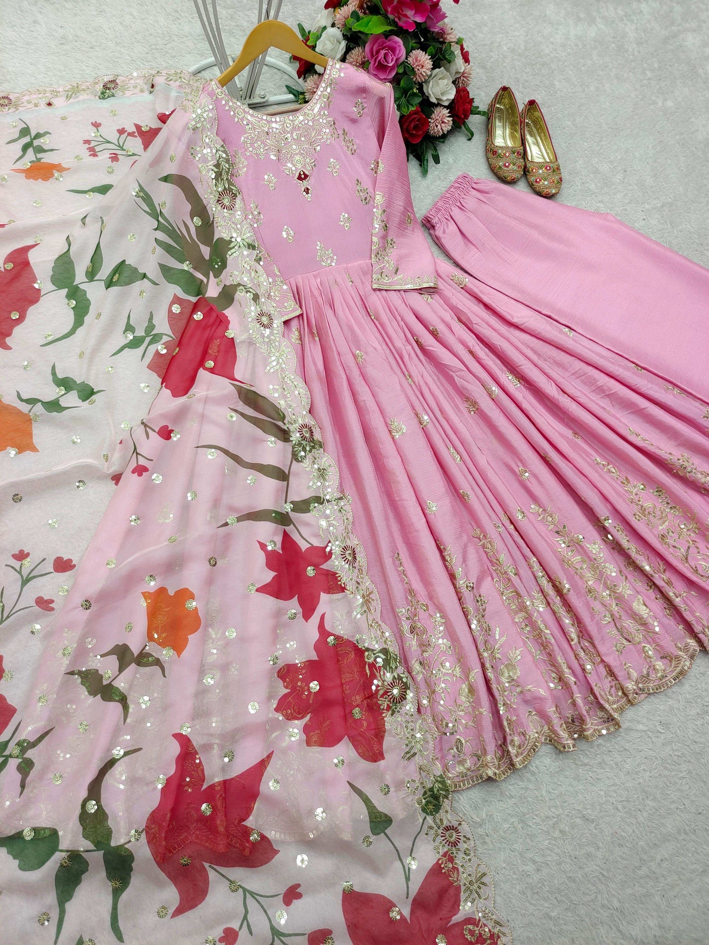 HOS FD-144 Satin Silk Gown Set with Plazzo & Embroidered Dupatta - House Of ShiVisha