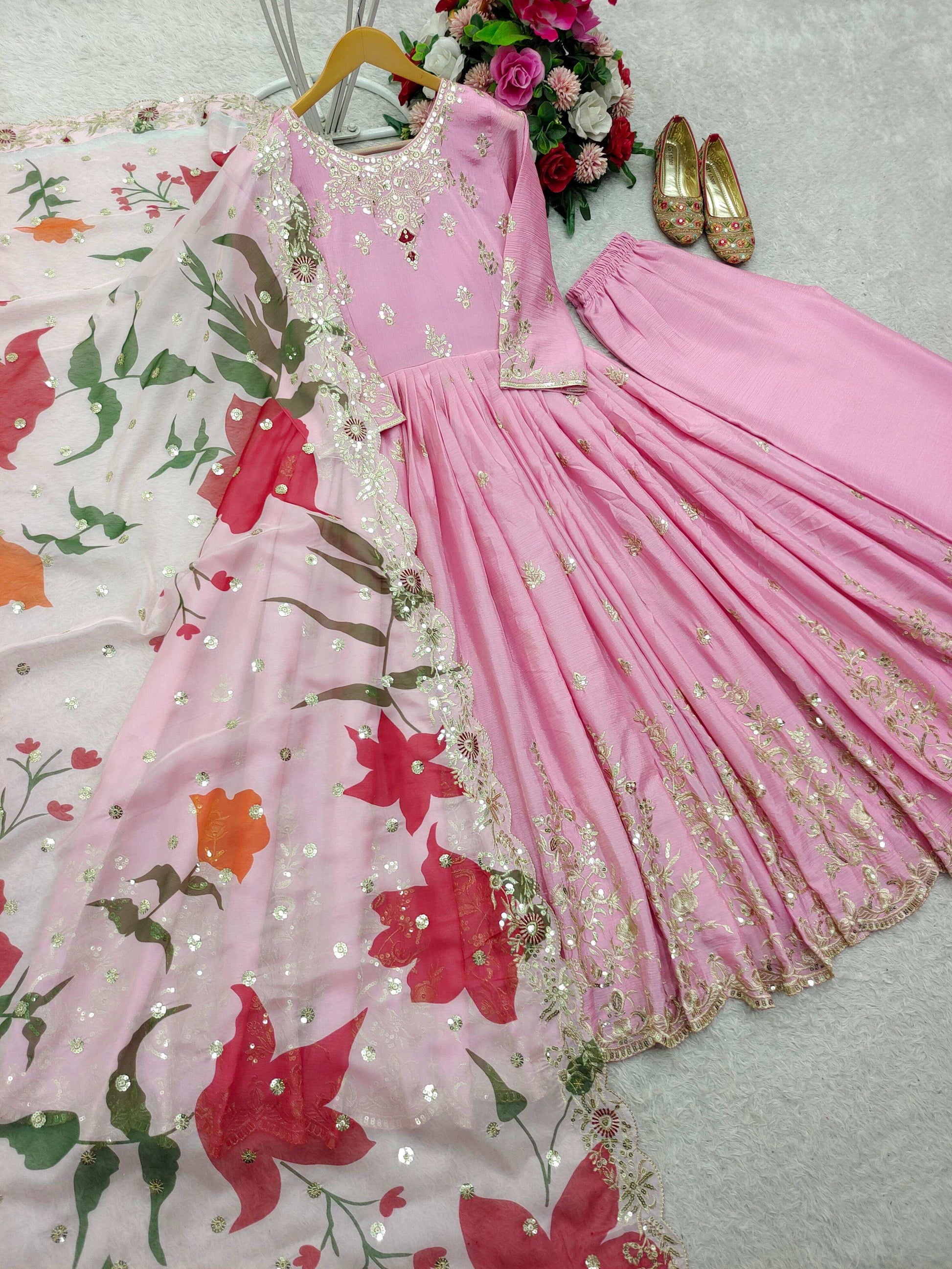 HOS FD-144 Satin Silk Gown Set with Plazzo & Embroidered Dupatta - House Of ShiVisha