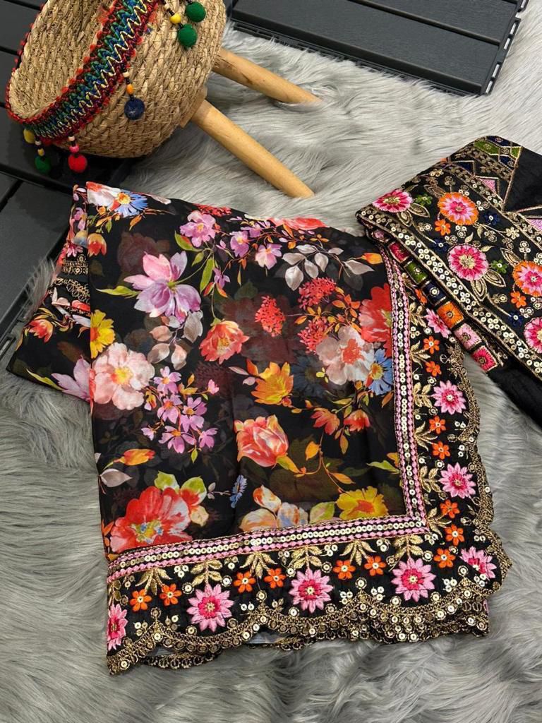 Soft Georgette Digital Print Saree – Heavy Sequins & Multi Thread Embroidery Work | House of ShiVisha™ | Code: KK-0228 - Imag