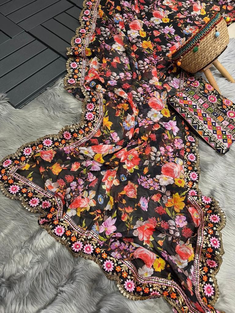 Soft Georgette Digital Print Saree – Heavy Sequins & Multi Thread Embroidery Work | House of ShiVisha™ | Code: KK-0228 - Imag