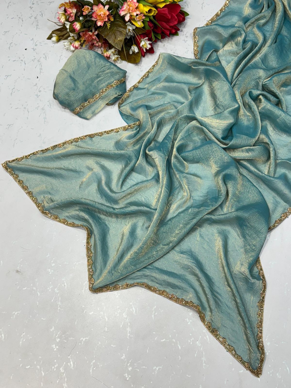 Two-Tone Fandy Chiffon Silk Saree – Heavy Beads Hand Work with Rich Border | House of ShiVisha™ | Code: KK-TRIVA - Image 15