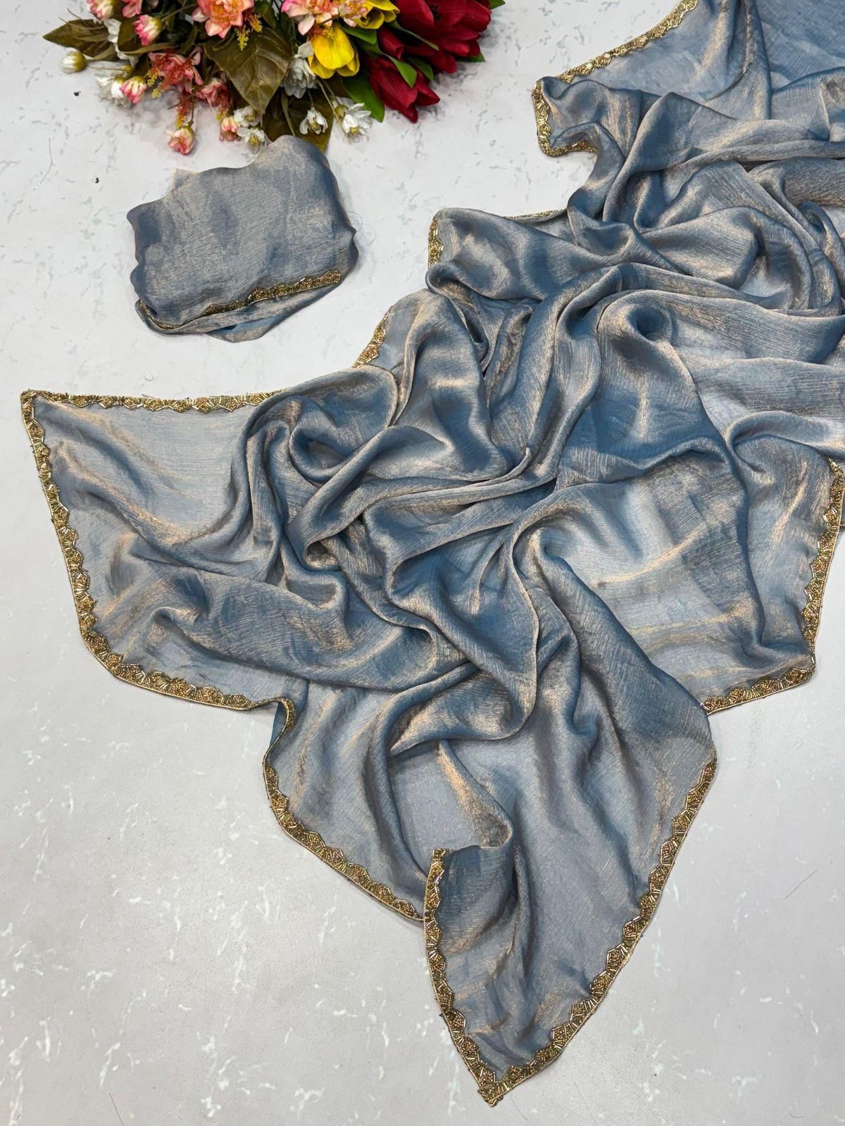 Two-Tone Fandy Chiffon Silk Saree – Heavy Beads Hand Work with Rich Border | House of ShiVisha™ | Code: KK-TRIVA - Image 16