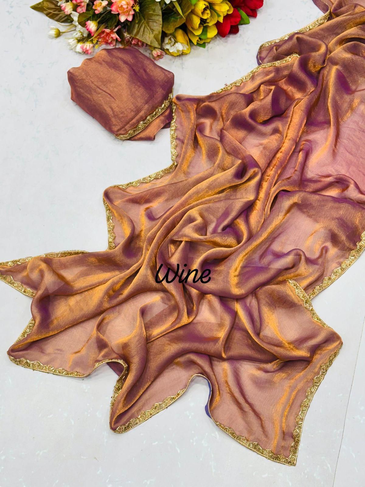 Two-Tone Fandy Chiffon Silk Saree – Heavy Beads Hand Work with Rich Border | House of ShiVisha™ | Code: KK-TRIVA - Image 17