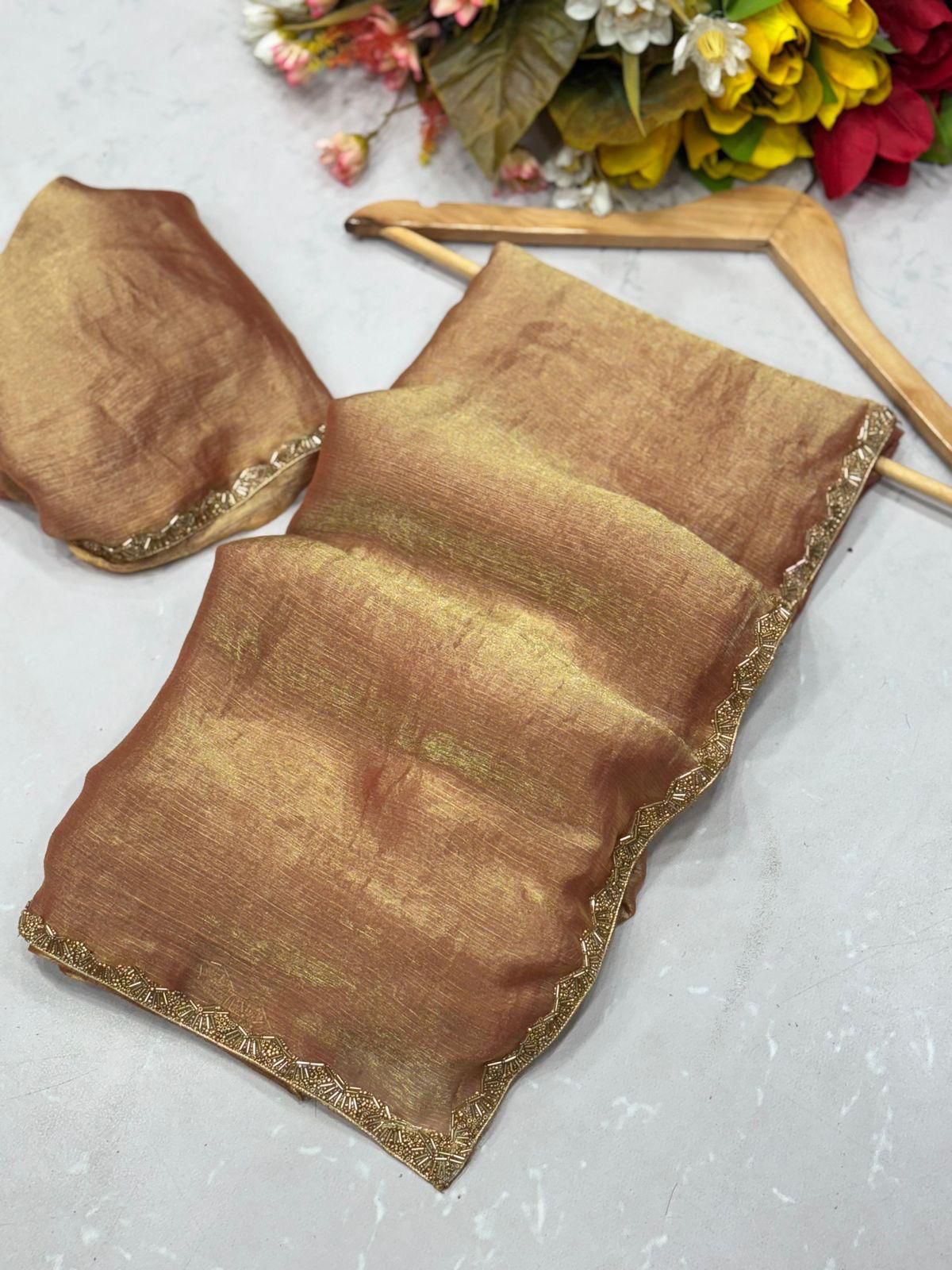 Two-Tone Fandy Chiffon Silk Saree – Heavy Beads Hand Work with Rich Border | House of ShiVisha™ | Code: KK-TRIVA - Image 8