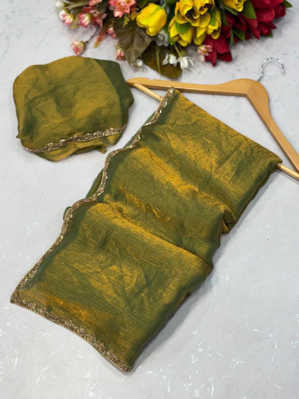 Two-Tone Fandy Chiffon Silk Saree – Heavy Beads Hand Work with Rich Border | House of ShiVisha™ | Code: KK-TRIVA - Image 20