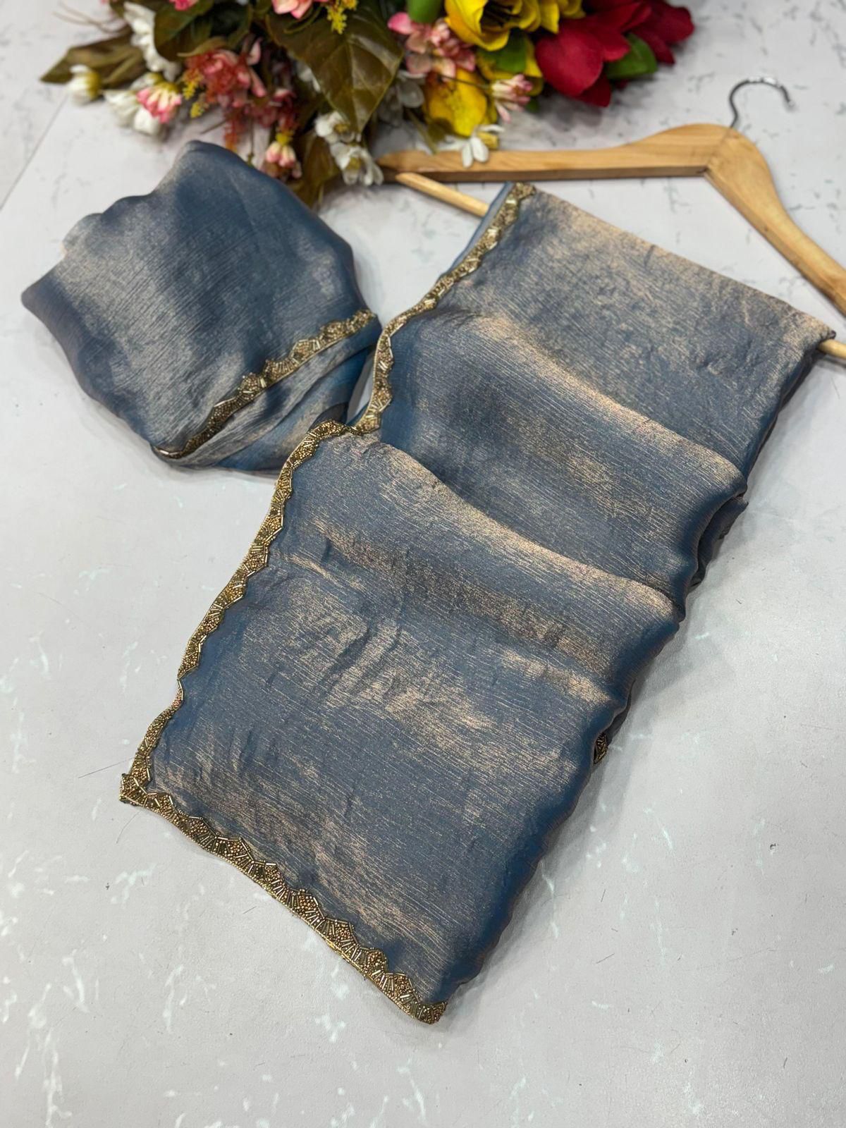 Two-Tone Fandy Chiffon Silk Saree – Heavy Beads Hand Work with Rich Border | House of ShiVisha™ | Code: KK-TRIVA - Image 9