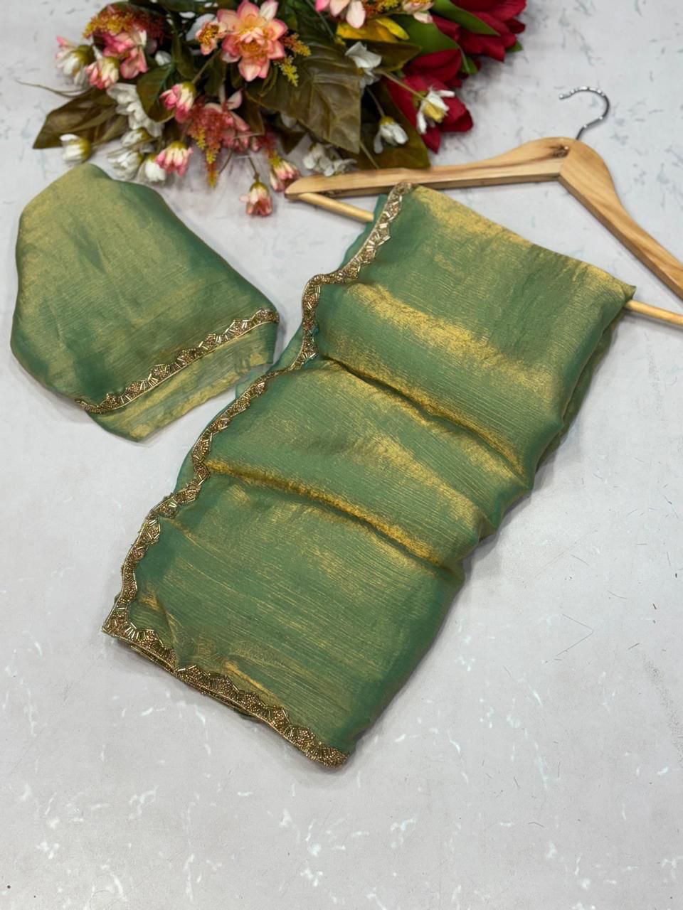 Two-Tone Fandy Chiffon Silk Saree – Heavy Beads Hand Work with Rich Border | House of ShiVisha™ | Code: KK-TRIVA - Image 10