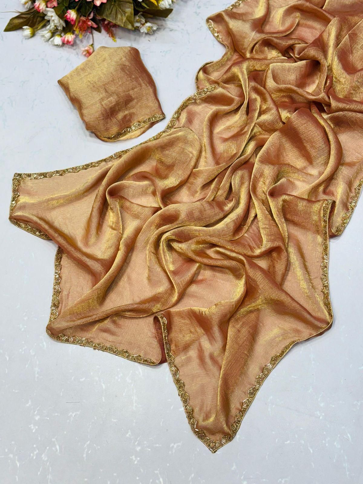 Two-Tone Fandy Chiffon Silk Saree – Heavy Beads Hand Work with Rich Border | House of ShiVisha™ | Code: KK-TRIVA - Image 11