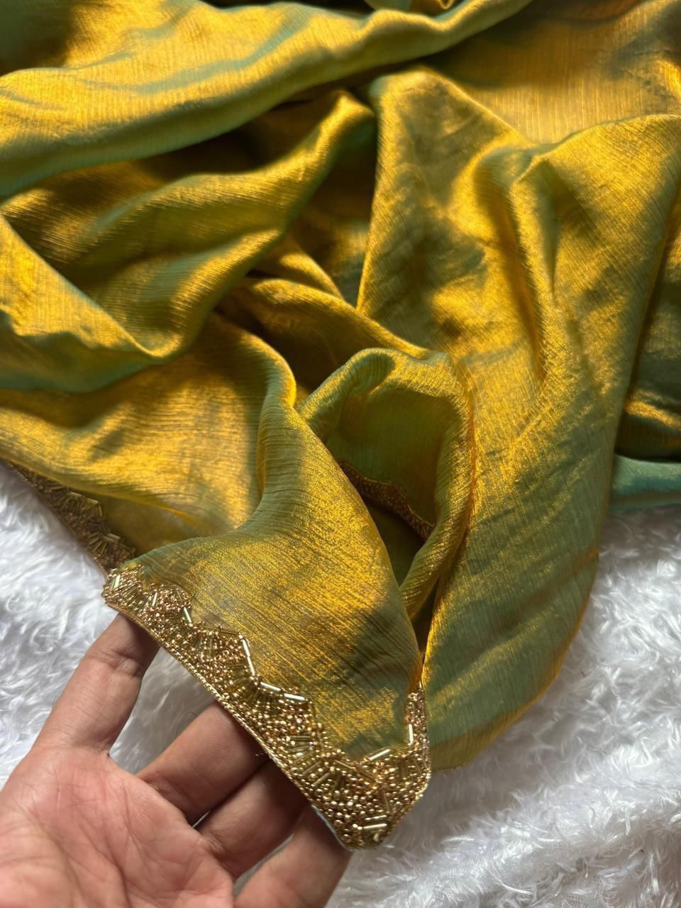 Two-Tone Fandy Chiffon Silk Saree – Heavy Beads Hand Work with Rich Border | House of ShiVisha™ | Code: KK-TRIVA - Image 12