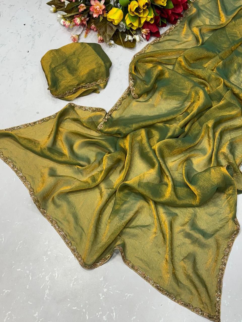 Two-Tone Fandy Chiffon Silk Saree – Heavy Beads Hand Work with Rich Border | House of ShiVisha™ | Code: KK-TRIVA - Image 13