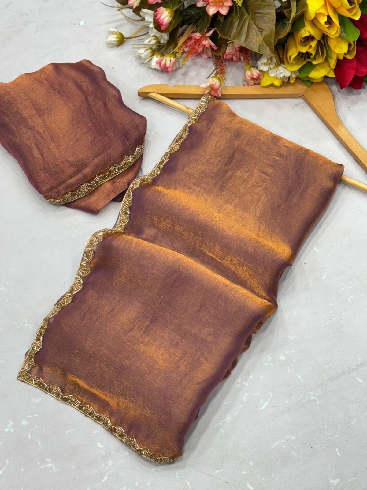 Two-Tone Fandy Chiffon Silk Saree – Heavy Beads Hand Work with Rich Border | House of ShiVisha™ | Code: KK-TRIVA - Image 14