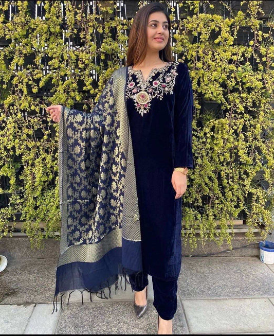 HOS FD-7803 Velvet Suit Set with Embroidered Top & Printed Dupatta - House Of ShiVisha