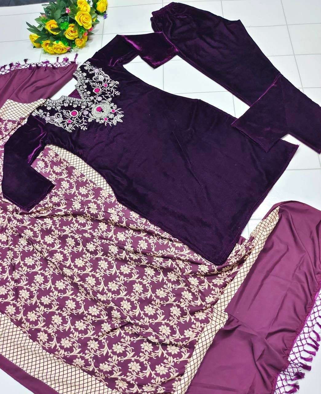 HOS FD-7803 Velvet Suit Set with Embroidered Top & Printed Dupatta - House Of ShiVisha