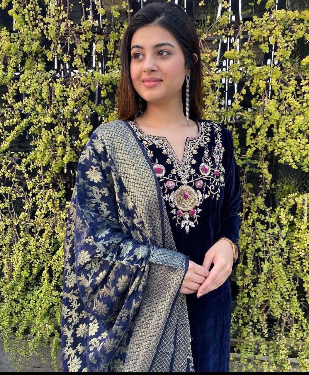 HOS FD-7803 Velvet Suit Set with Embroidered Top & Printed Dupatta - House Of ShiVisha