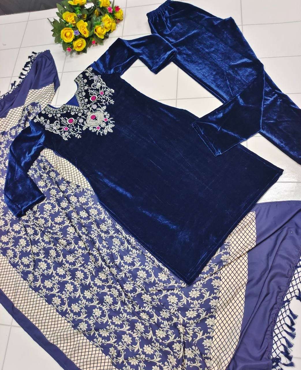 HOS FD-7803 Velvet Suit Set with Embroidered Top & Printed Dupatta - House Of ShiVisha