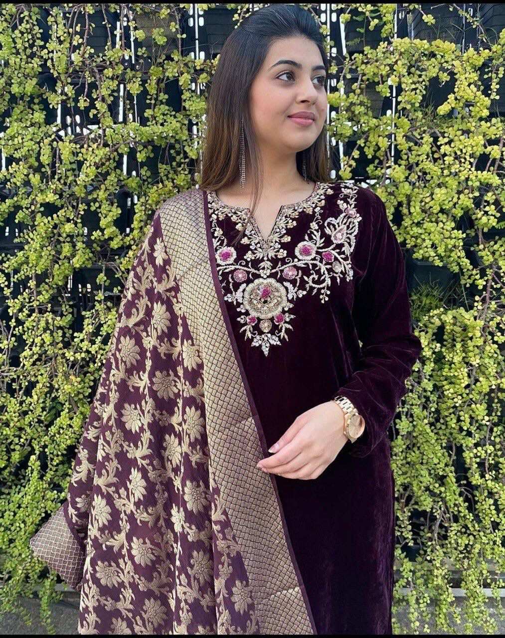 HOS FD-7803 Velvet Suit Set with Embroidered Top & Printed Dupatta - House Of ShiVisha