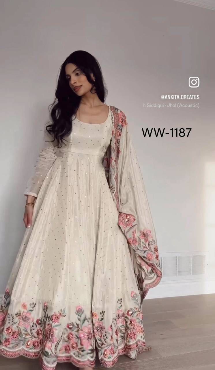 WW-1187 Heavy Pure Chinon Silk Gown Pant Dupatta Set – 5mm Sequin Embroidery with Full Sleeves | House of ShiVisha™