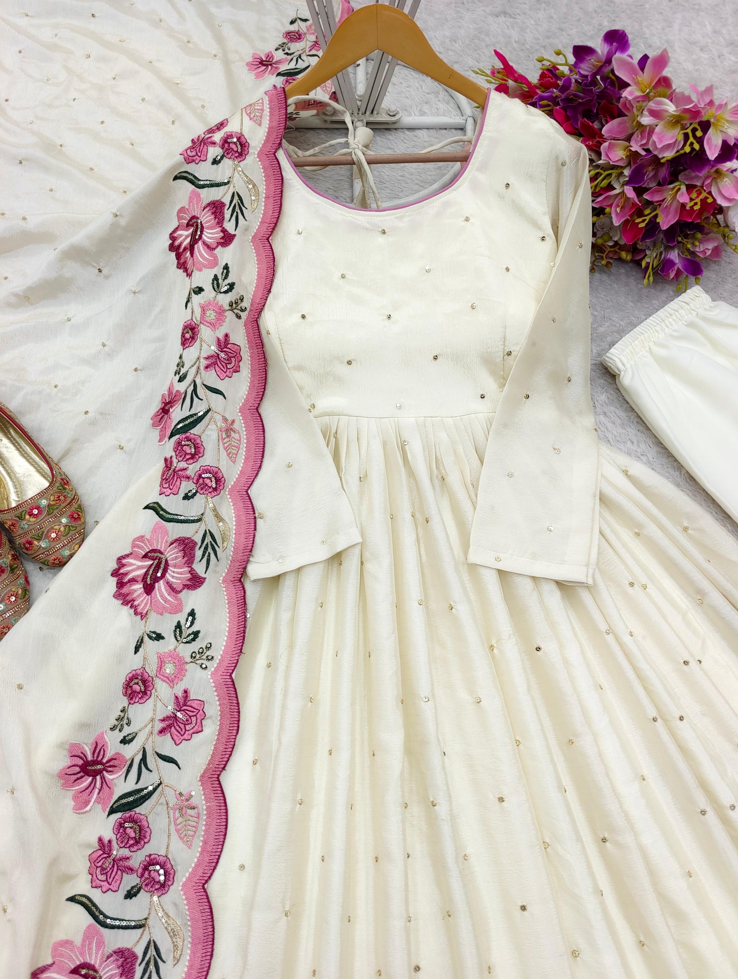 WW-1187 Heavy Pure Chinon Silk Gown Pant Dupatta Set – 5mm Sequin Embroidery with Full Sleeves | House of ShiVisha™