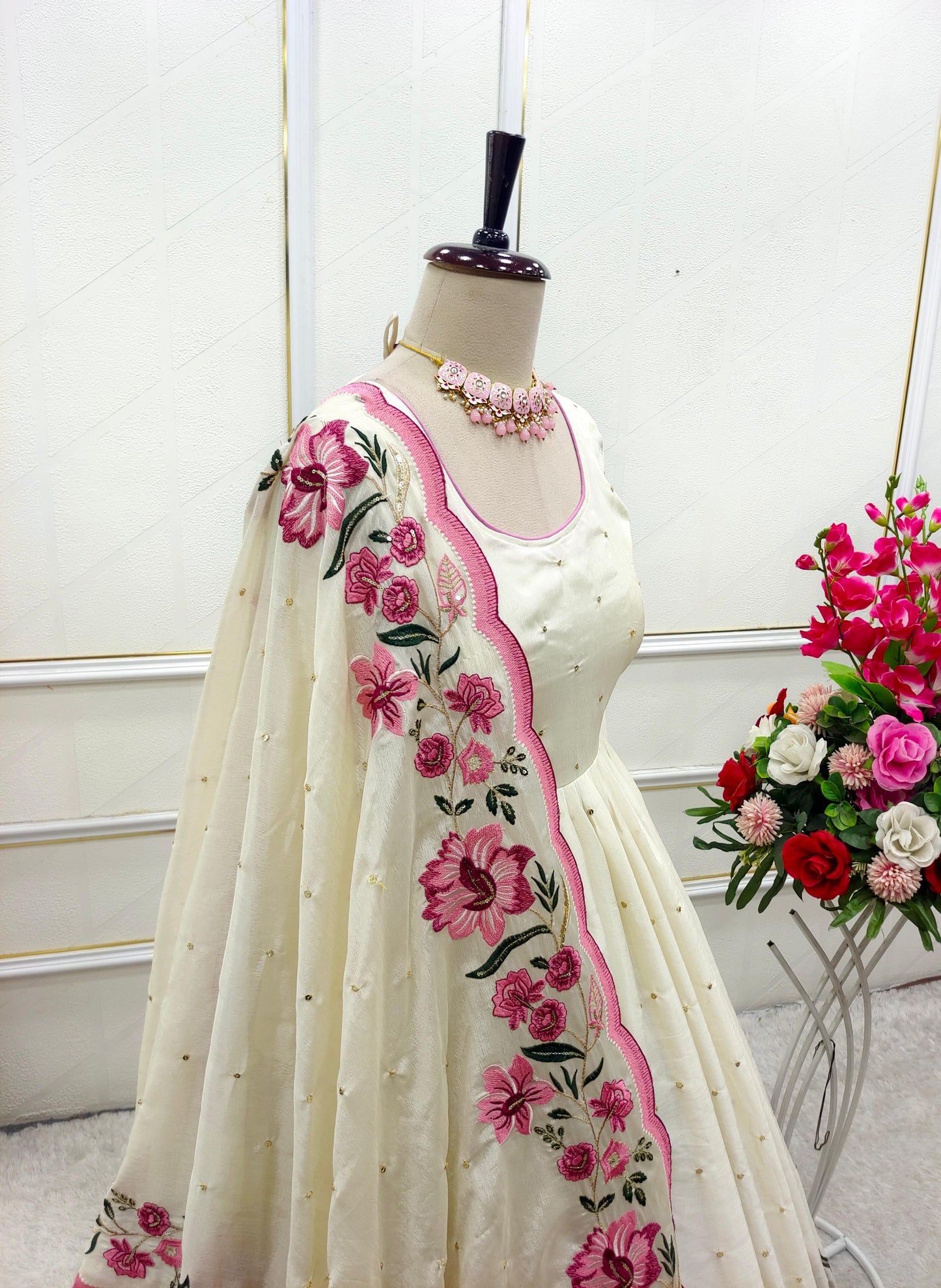 WW-1187 Heavy Pure Chinon Silk Gown Pant Dupatta Set – 5mm Sequin Embroidery with Full Sleeves | House of ShiVisha™