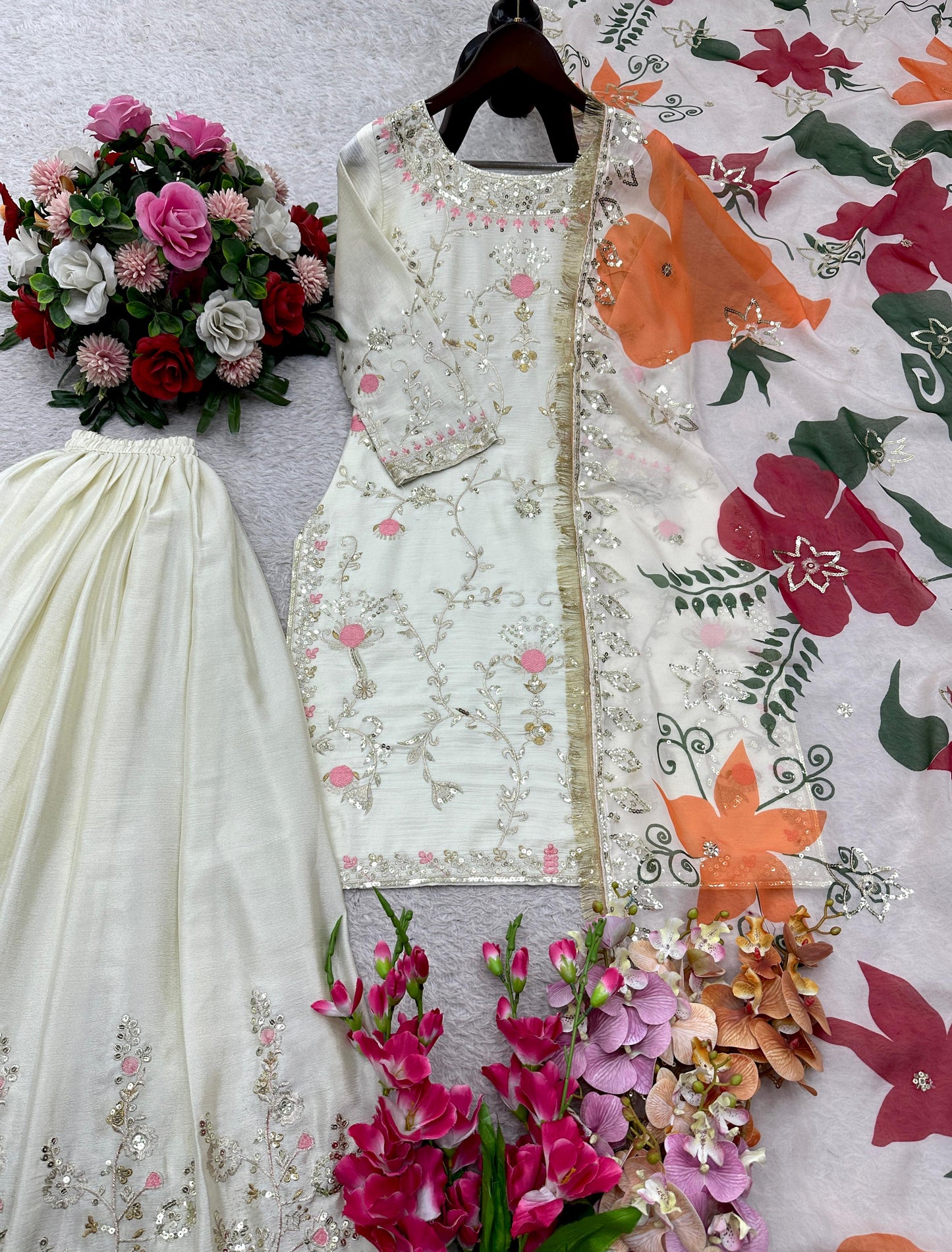 WW-1215 Heavy Chinon Silk Sharara Set – 5mm Sequin Embroidery with Digital Organza Dupatta | House of ShiVisha™