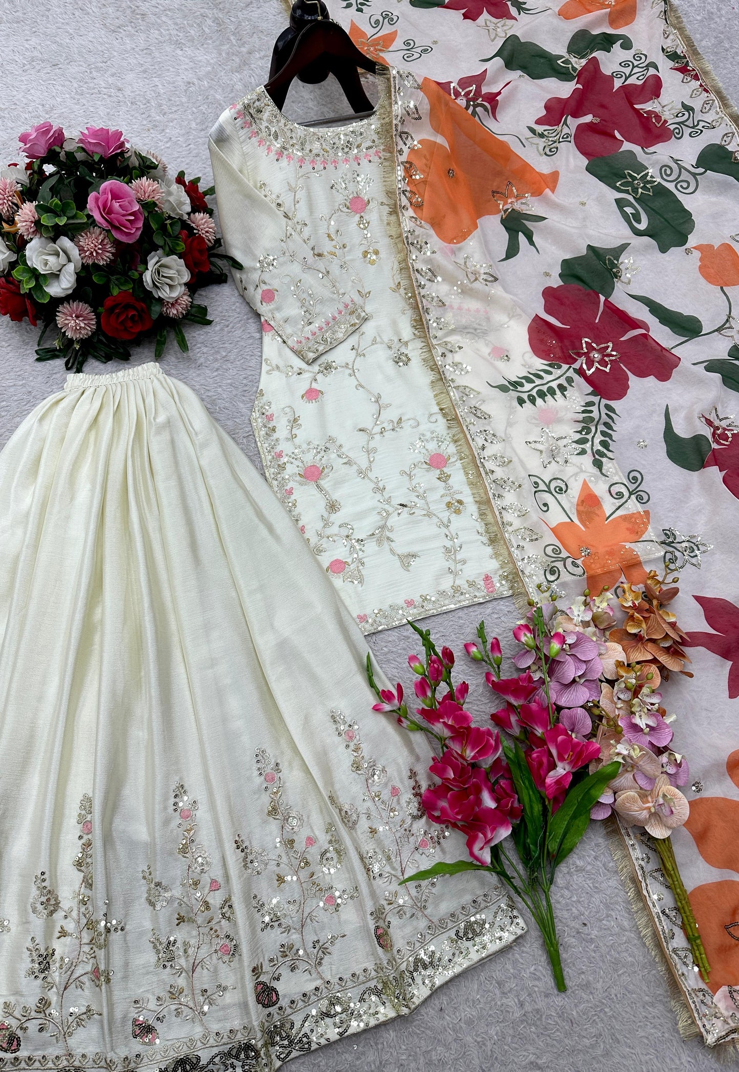 WW-1215 Heavy Chinon Silk Sharara Set – 5mm Sequin Embroidery with Digital Organza Dupatta | House of ShiVisha™