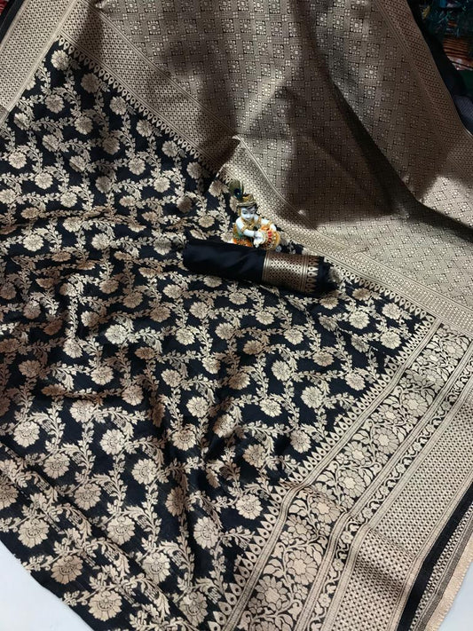 SOFT BANARASI COTTON SILK SAREE WITH WEAVING FULL BODY GOLD JARI SAREE AND RICH &nbsp;PALLU WITH JARI WEAVING