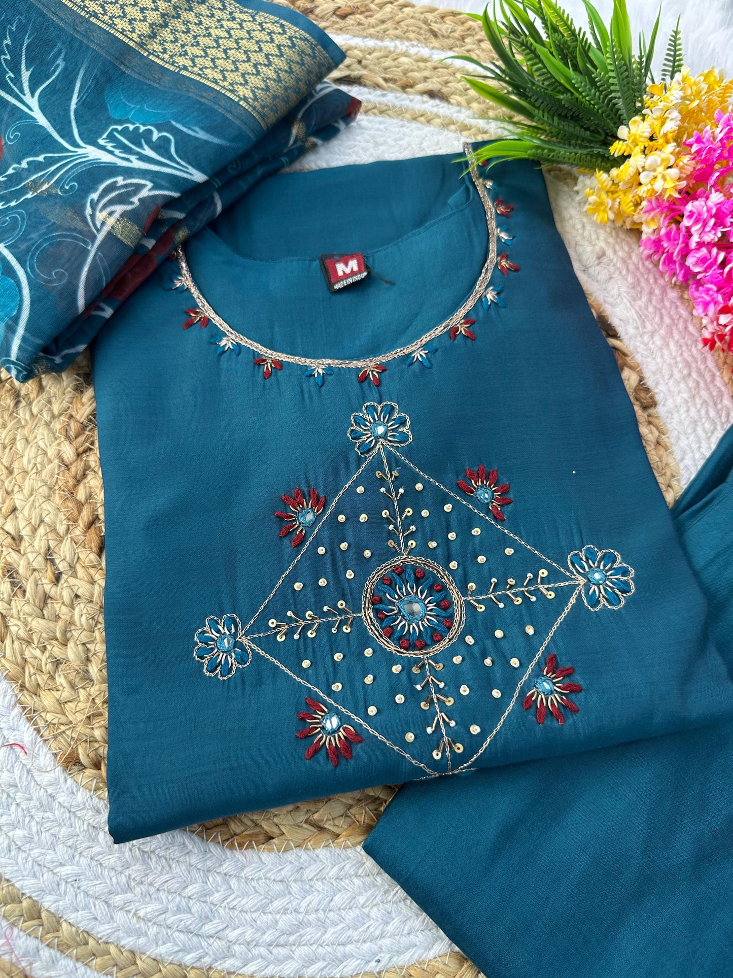 Roman silk With Cotton inner with hand work Kurti