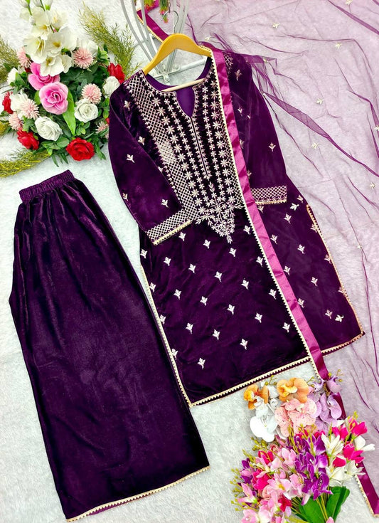 9 Thousand Viscos Velvet With * Embroidery &;Work* With Full Sleeve*With Piping less; suit