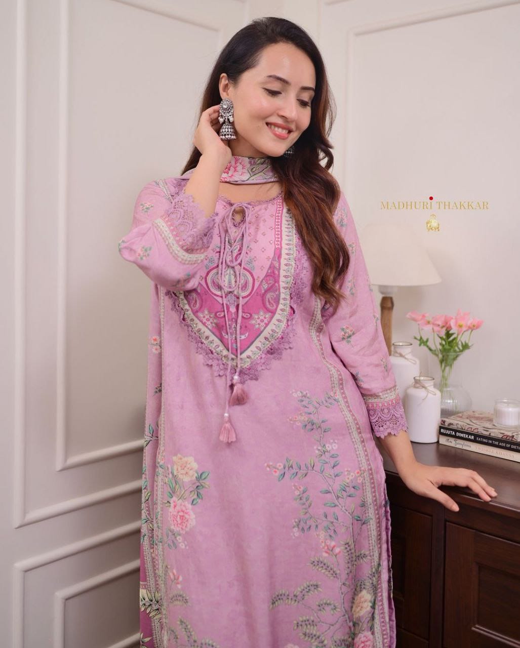 Lilac Muslin Pakistani Suit with digital prints