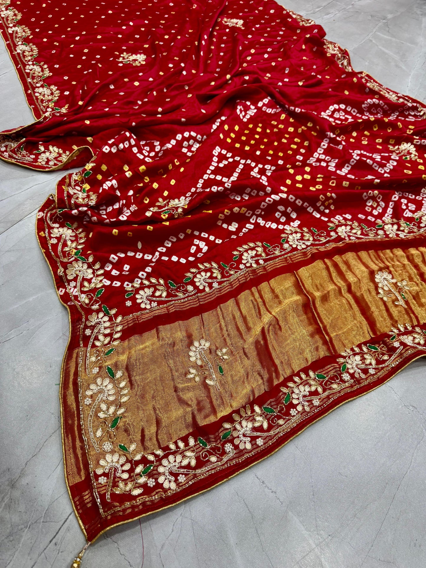 Gaji Silk Original Bandhani With Gota Pati Hand Work Saree ❤