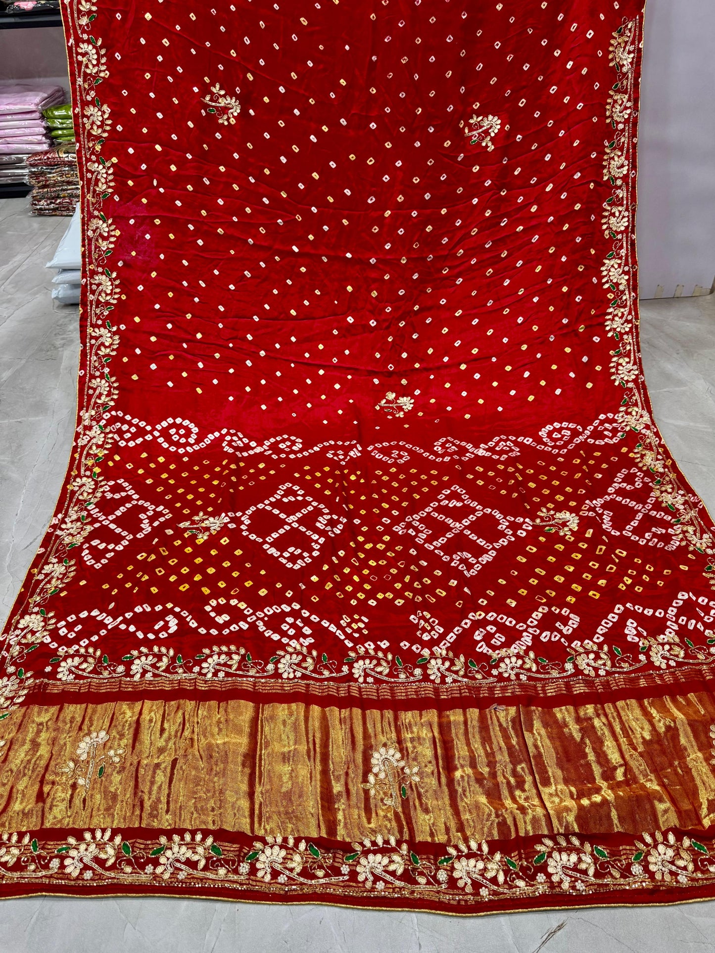 Gaji Silk Original Bandhani With Gota Pati Hand Work Saree ❤