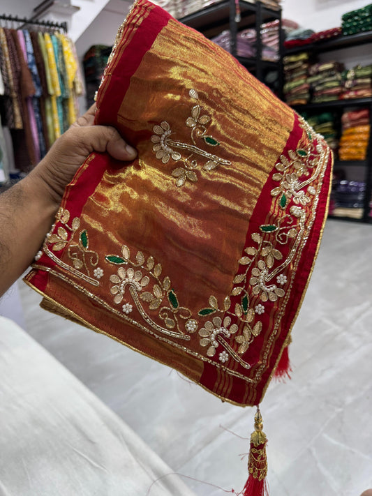 Gaji Silk Original Bandhani With Gota Pati Hand Work Saree ❤
