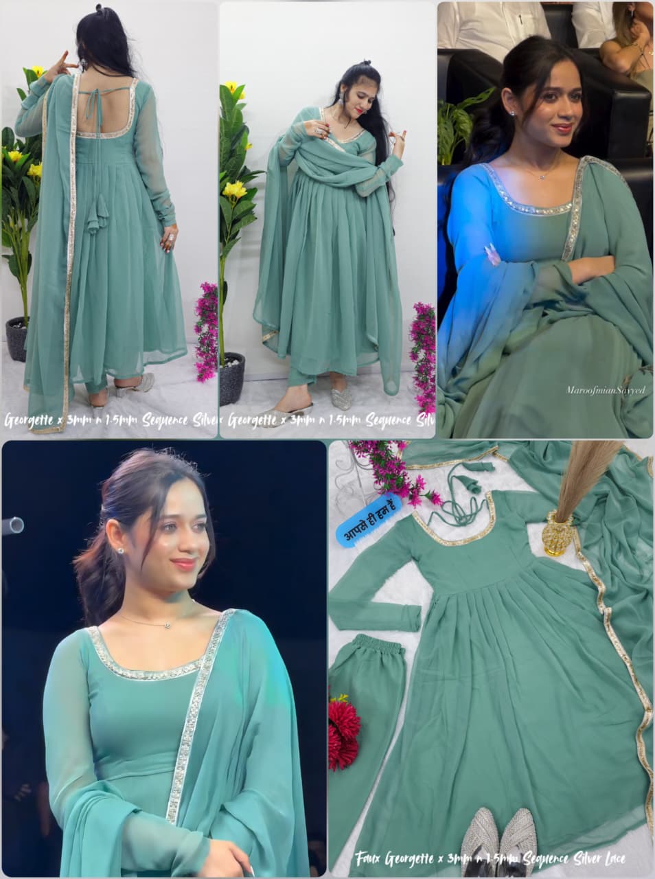 Jannat Zubair Inspired Cham Cham Sequin Anarkali Set – Soft Faux Georgette (Code: 1205 Teal)