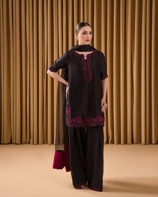 HOS SCnx 1175 French Crepe Suit Set – Beads & Sequence Handwork Kurta with Plazo & Georgette Dupatta
