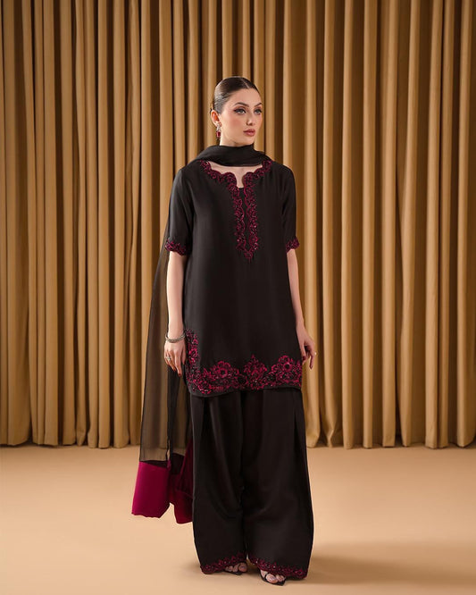 HOS SCnx 1175 French Crepe Suit Set – Beads & Sequence Handwork Kurta with Plazo & Georgette Dupatta