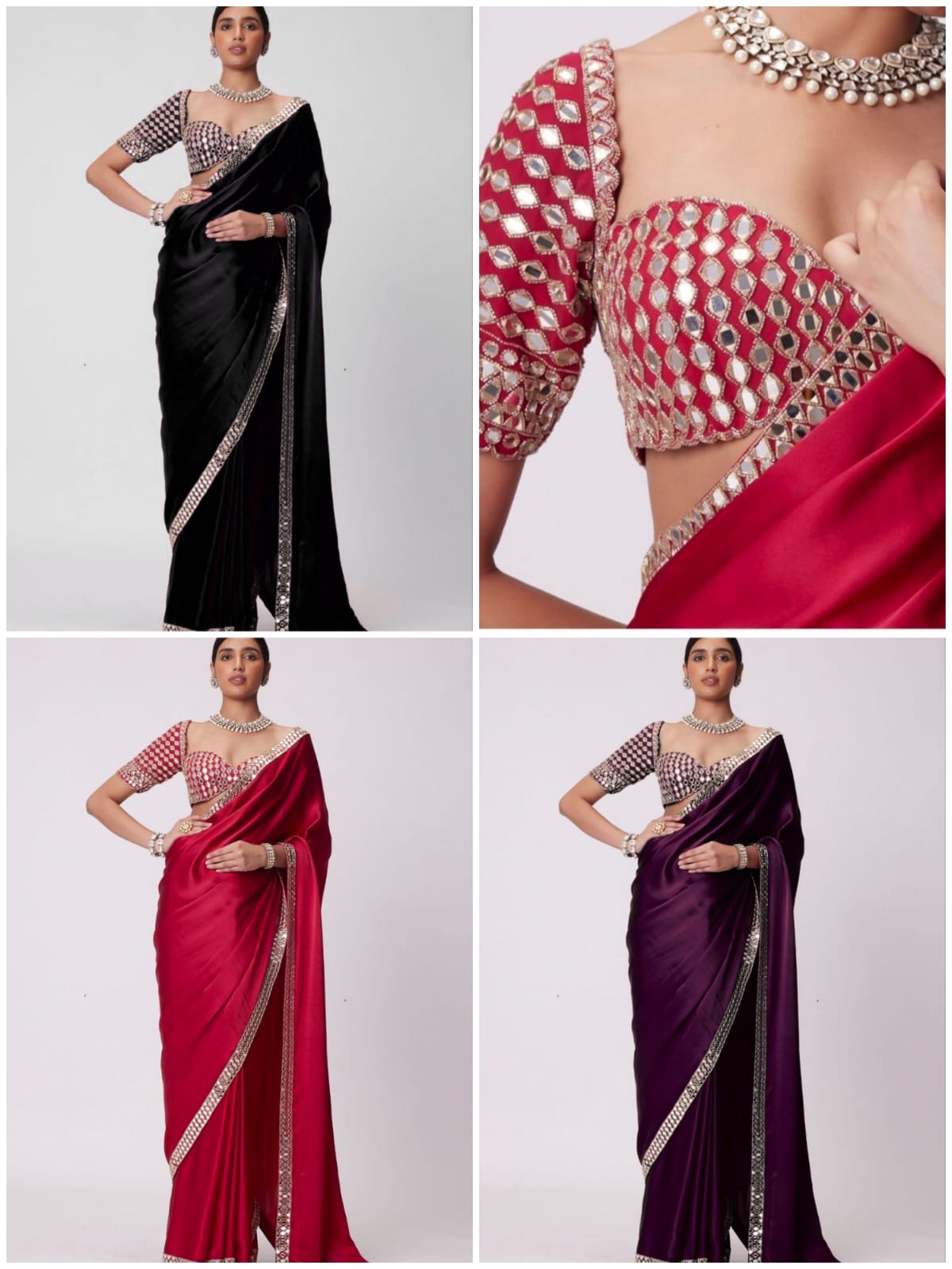 HOS ASN-71 Mirror Work Saree – Premium French Crape Silk with Heavy Real Mirror Border & Designer Blouse