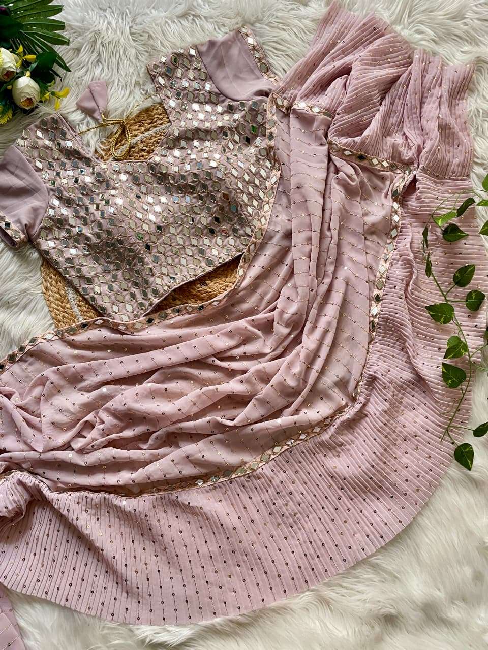 HOS 3455 Sequins Crush Pleated Saree with Mirror Work - House Of ShiVisha