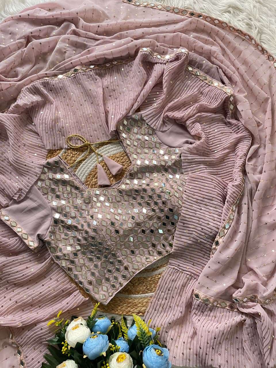 HOS 3455 Sequins Crush Pleated Saree with Mirror Work - House Of ShiVisha