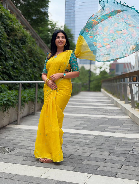 Yellow Kalamkari Linen Cotton Saree – Handloom Digital Print with Latkan & Matching Blouse | House of ShiVisha™ | Ethnic Heritage Edition