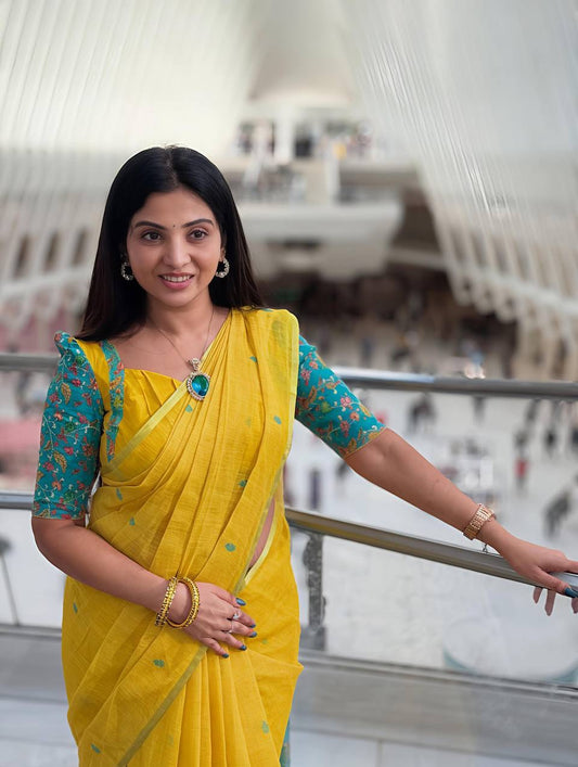 Yellow Kalamkari Linen Cotton Saree – Handloom Digital Print with Latkan & Matching Blouse | House of ShiVisha™ | Ethnic Heritage Edition